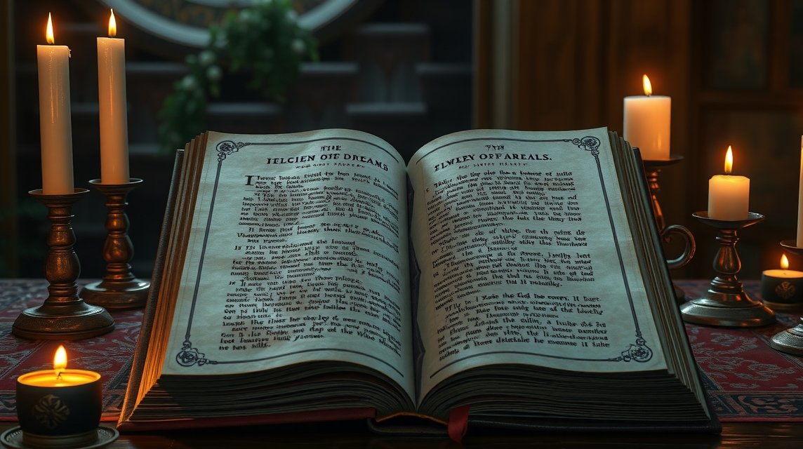 Ein aufgeschlagenes Buch über Traumdeutung, umgeben von Kerzenlicht.