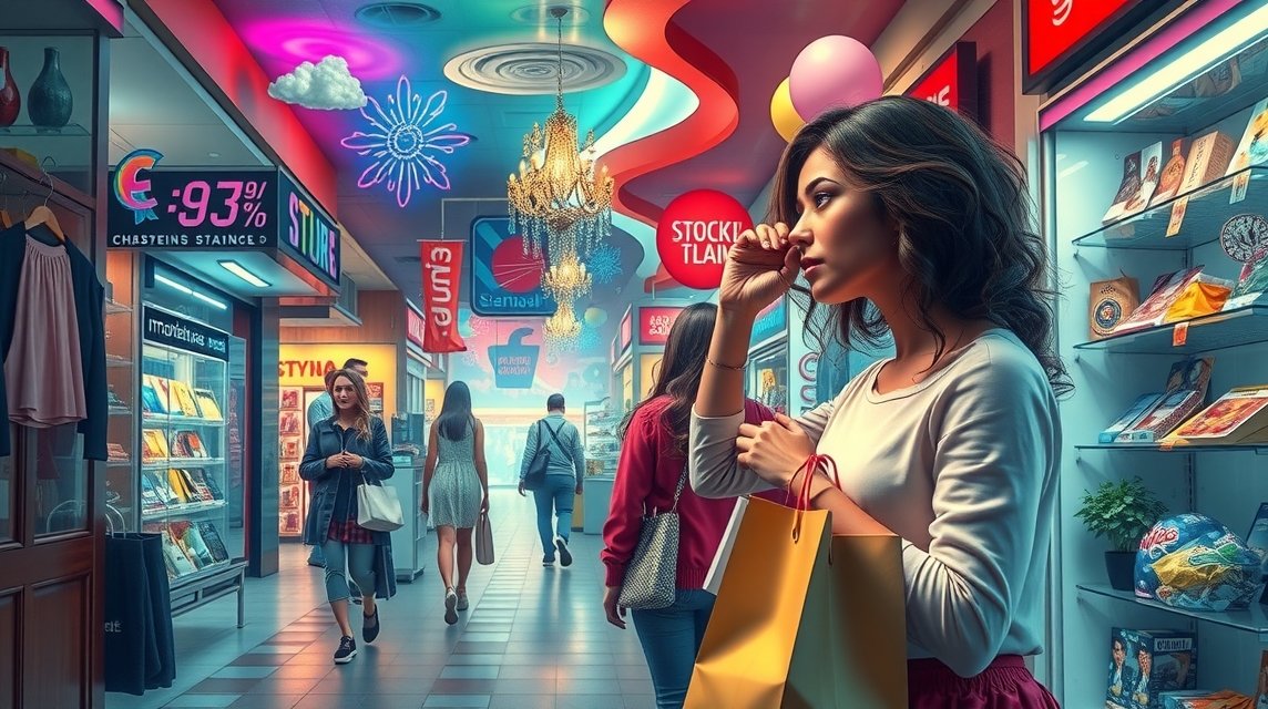 Eine nachdenkliche Frau mit Einkaufstüten in einem bunten Einkaufszentrum.