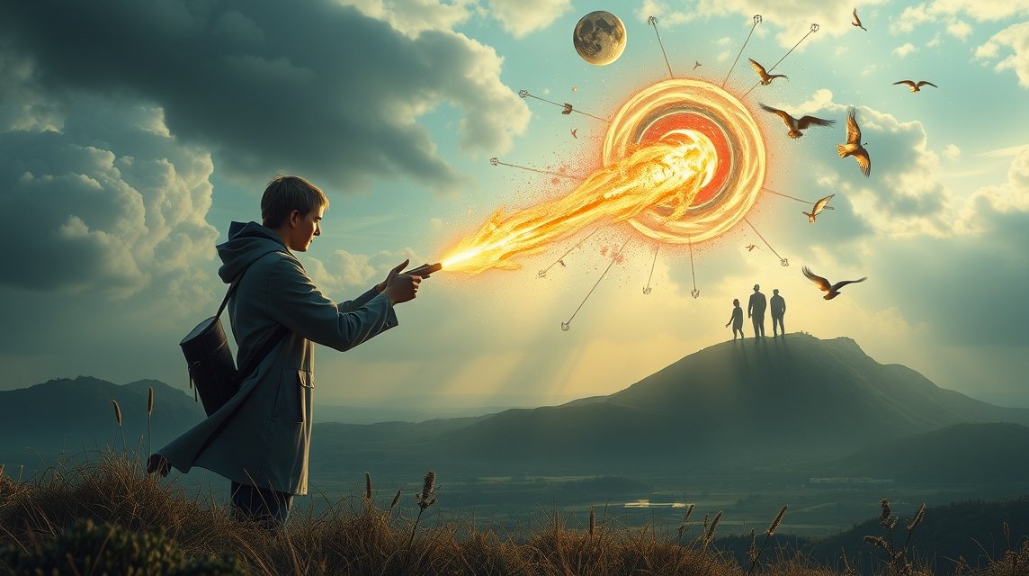 Ein Junge steht auf einem Hügel und zielt mit einer leuchtenden Energie auf einen Wirbelsturm.