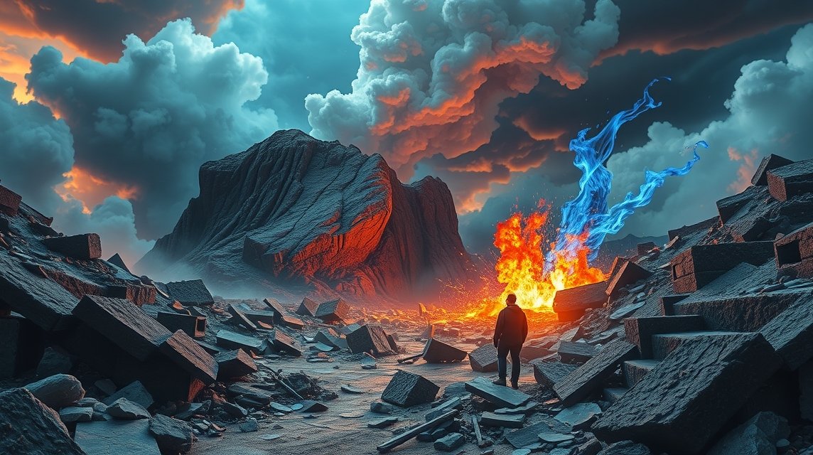 Ein Mensch steht in einer surrealen Landschaft mit Feuer und blauen Flammen.