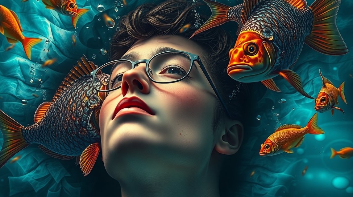 Ein nachdenklicher junger Mensch mit Brille, umgeben von bunten Fischen im Wasser.