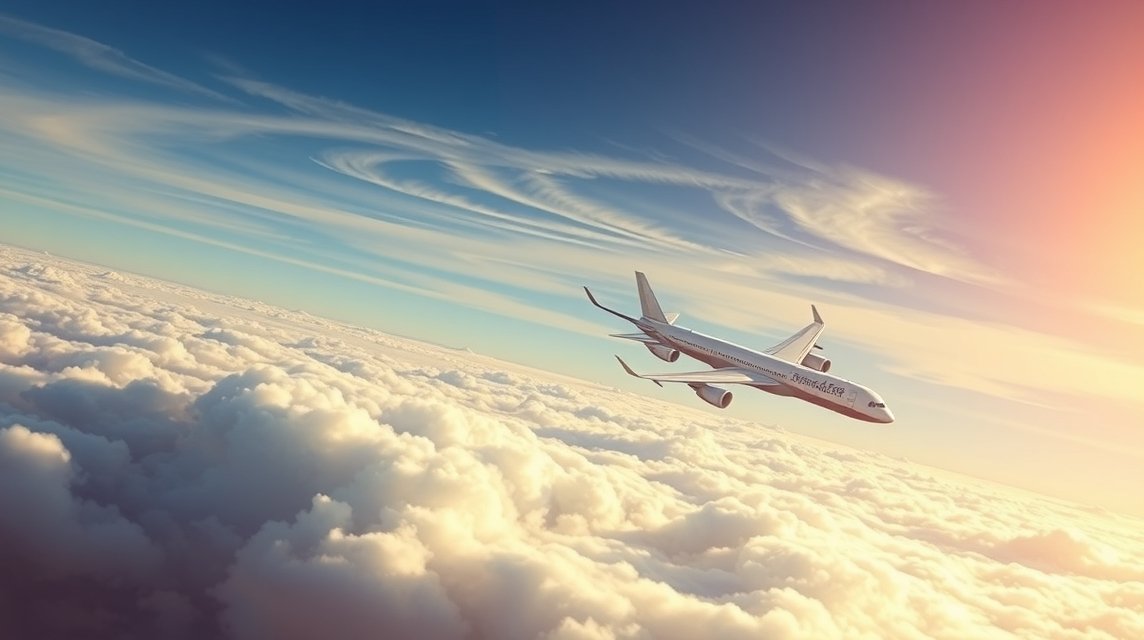 Ein Flugzeug fliegt hoch über einer Wolkendecke unter einem klaren Himmel.