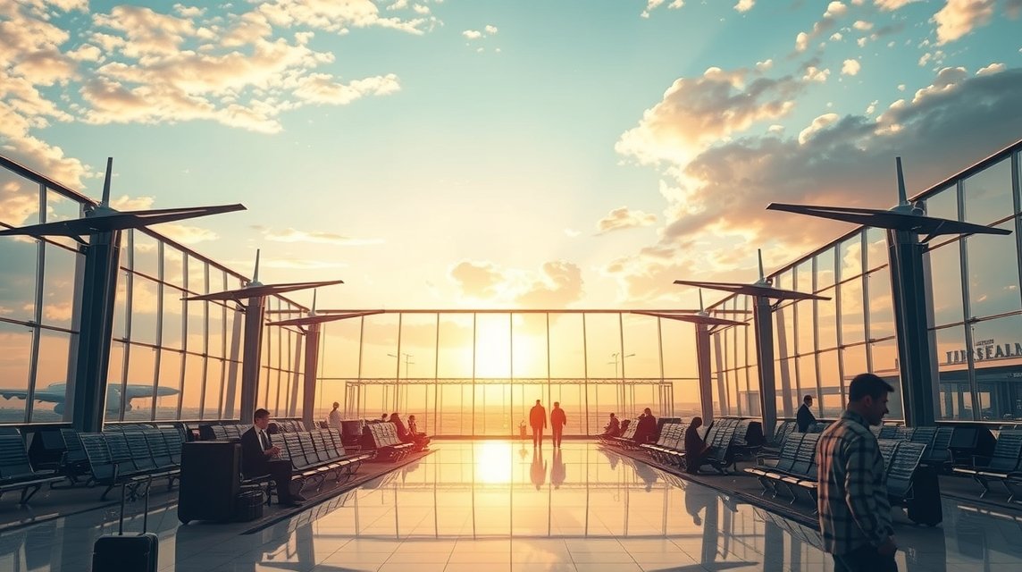 Ein moderner Flughafen mit großen Fenstern, durch die die Sonne untergeht.