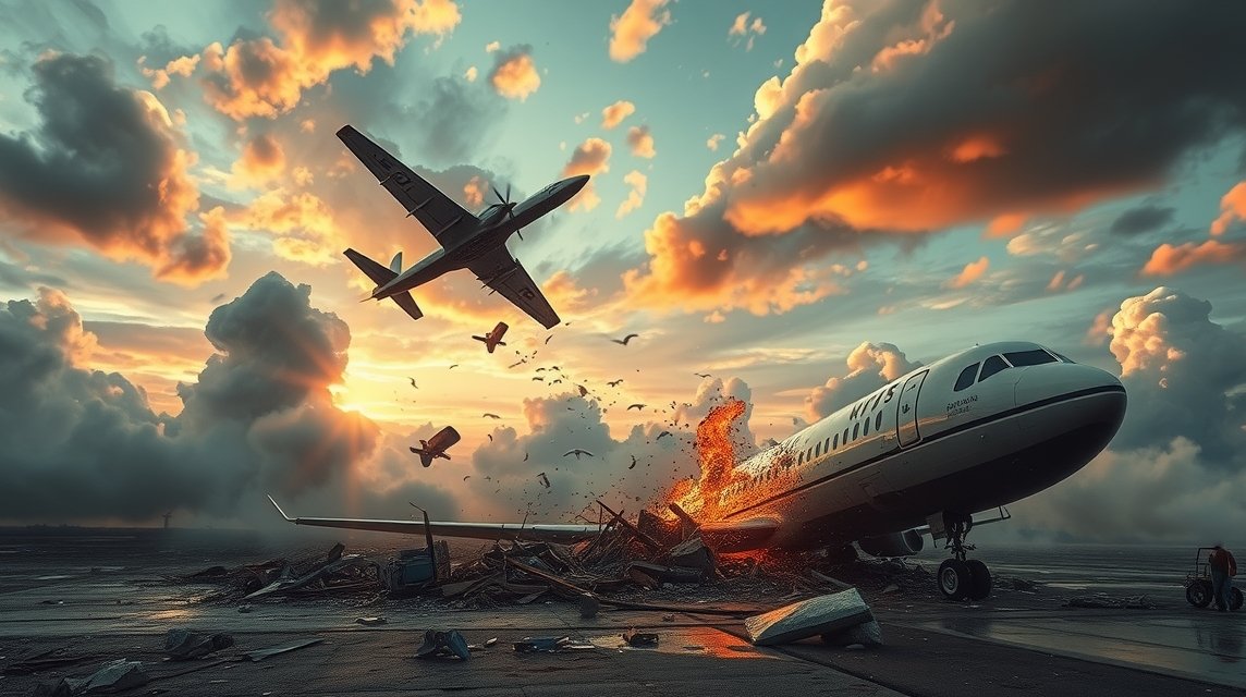 Ein beschädigtes Flugzeug auf dem Boden, umgeben von Trümmern und Rauch.