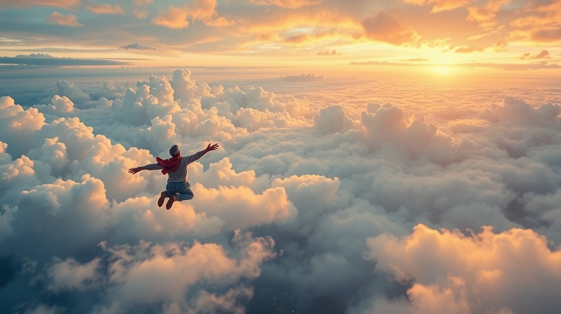 Eine Person schwebt über einer Wolkendecke bei Sonnenuntergang.