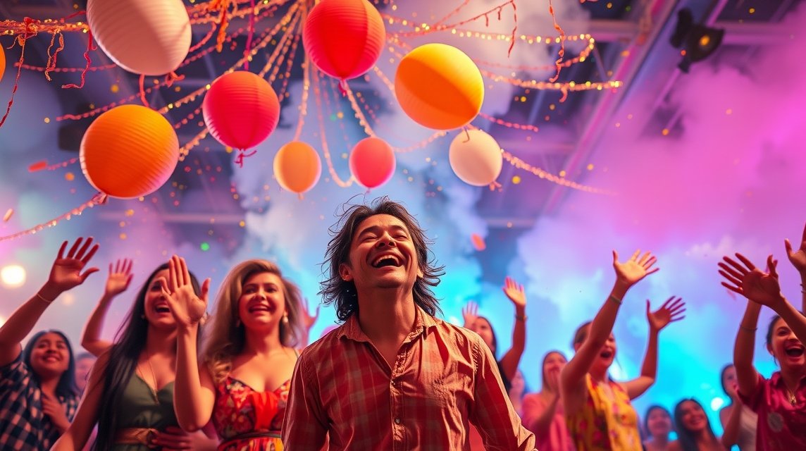 Eine fröhliche Gruppe von Menschen feiert mit bunten Ballons und Lichtern.