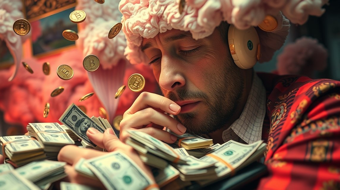 Ein Mann mit Kopfhörern umarmt Geldscheine und Bitcoin-Münzen schweben um ihn herum.