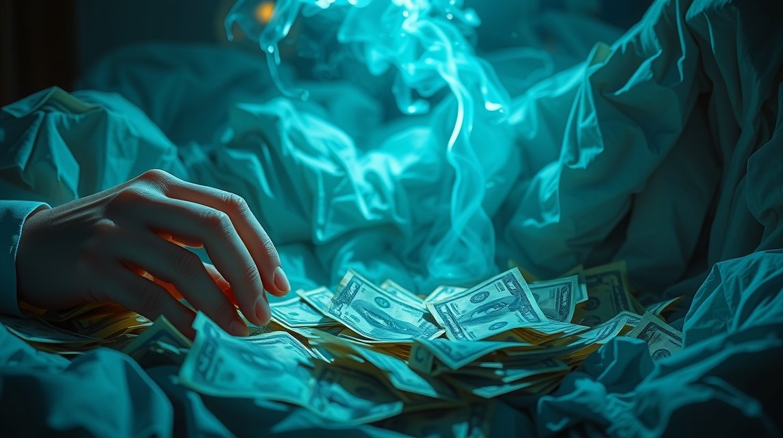 Eine Hand greift nach Geldscheinen, umgeben von einer mystischen Atmosphäre.