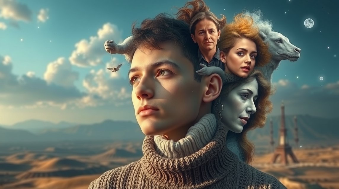 Ein junger Mann mit nachdenklichem Ausdruck, umgeben von verschiedenen Gesichtern und Symbolen.