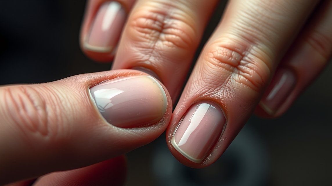 Nahaufnahme von gepflegten Händen mit zartem Nagellack in sanften Farben.