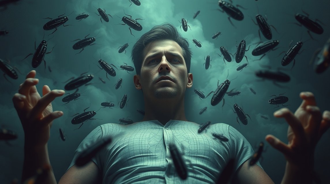 Ein Mann liegt unter einem Himmel voller Käfer und wirkt besorgt.