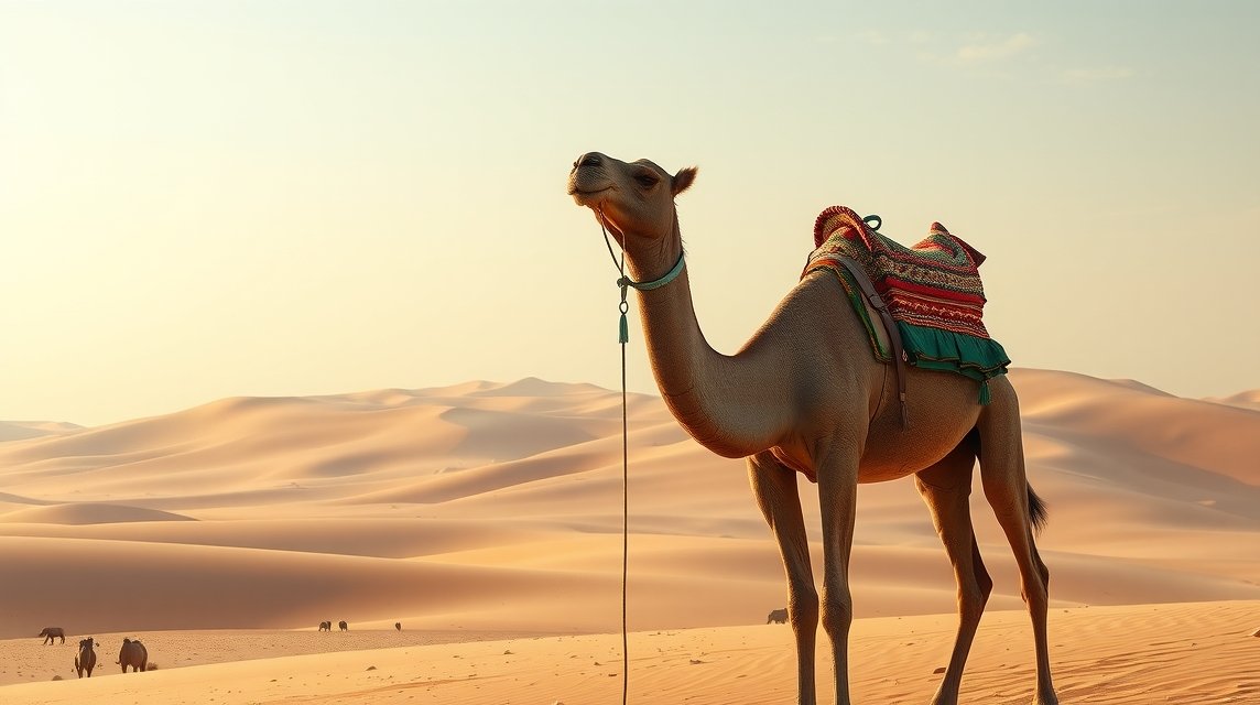 Ein Kamel steht in der Wüste, umgeben von sanften Sanddünen.