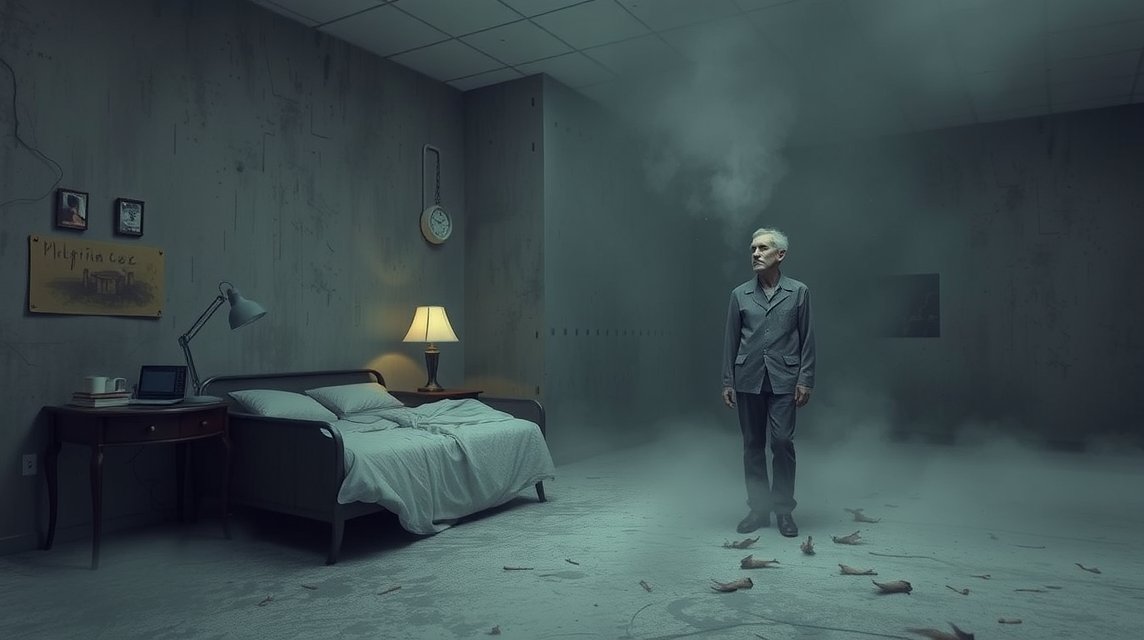 Ein älterer Mann steht in einem nebligen Raum mit einem Bett und einer Lampe.