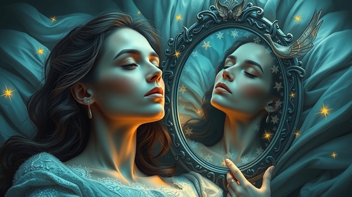 Eine Frau betrachtet sich in einem eleganten Spiegel, umgeben von sanften Stoffen.