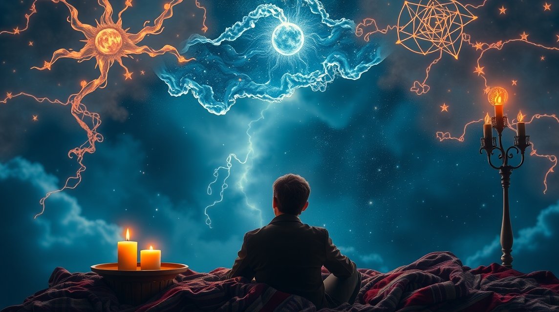 Ein Junge sitzt auf einem Bett und betrachtet den nächtlichen Himmel mit mystischen Symbolen.