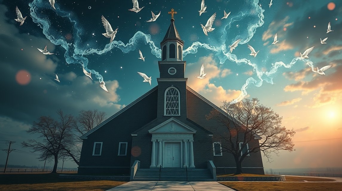 Eine Kirche mit einem Kreuz auf dem Dach, umgeben von fliegenden Tauben und einem mystischen Himmel.