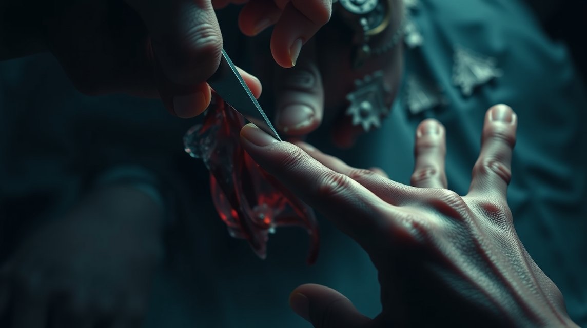 Eine Hand hält ein scharfes Werkzeug, während sie vorsichtig eine rote, durchsichtige Substanz berührt.