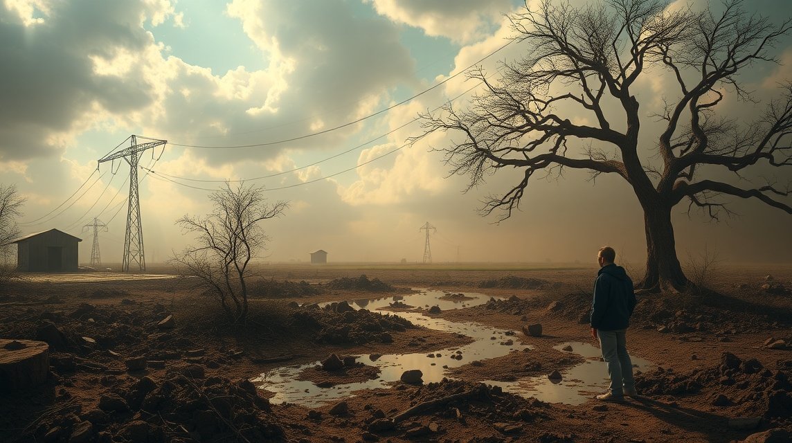 Ein Mensch steht in einer kargen Landschaft mit einem alten Baum und Strommasten.