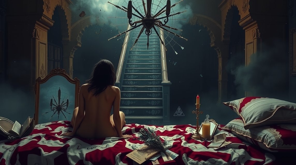 Eine nackte Frau sitzt auf einem Bett in einem mysteriösen Raum mit Treppe.