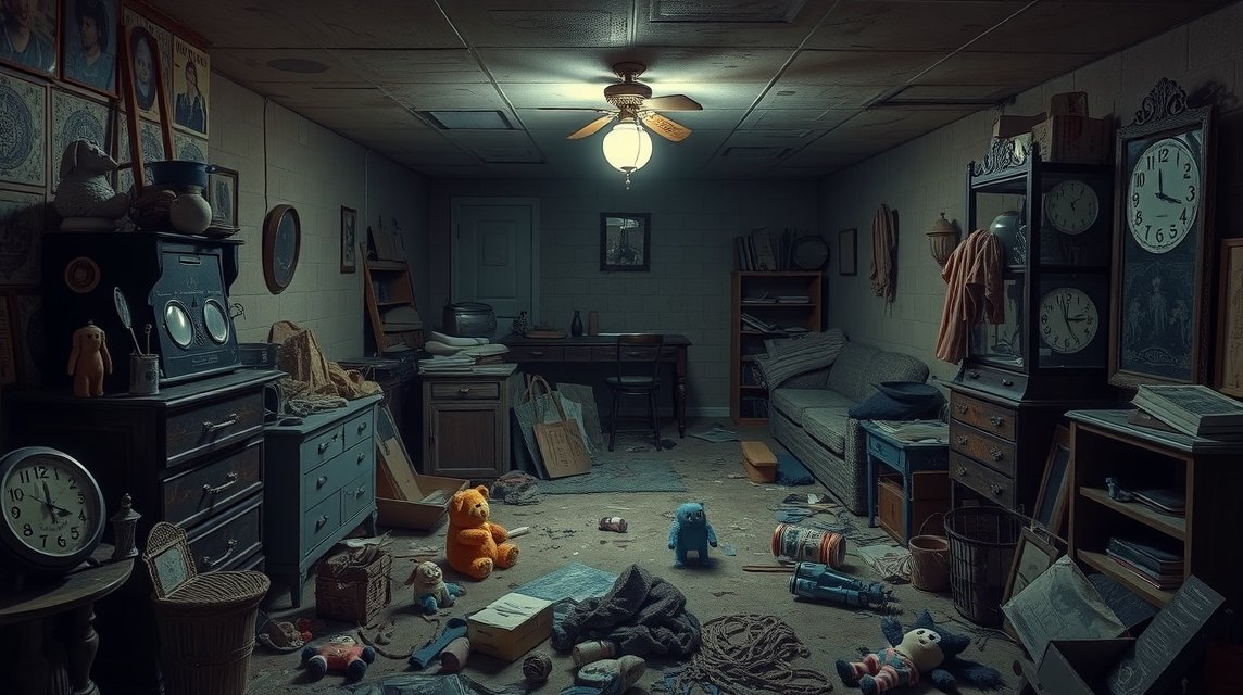 Ein unordentlicher Raum mit alten Möbeln, Spielzeugen und einer Deckenlampe.