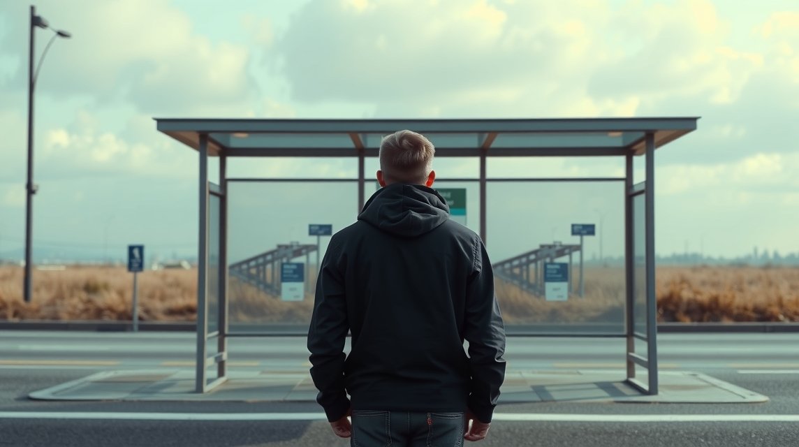 Ein Mann steht an einer Bushaltestelle und blickt in die Ferne.