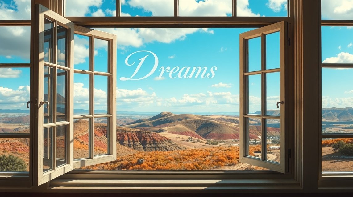 Ein offenes Fenster mit Blick auf eine farbenfrohe Landschaft unter blauem Himmel.