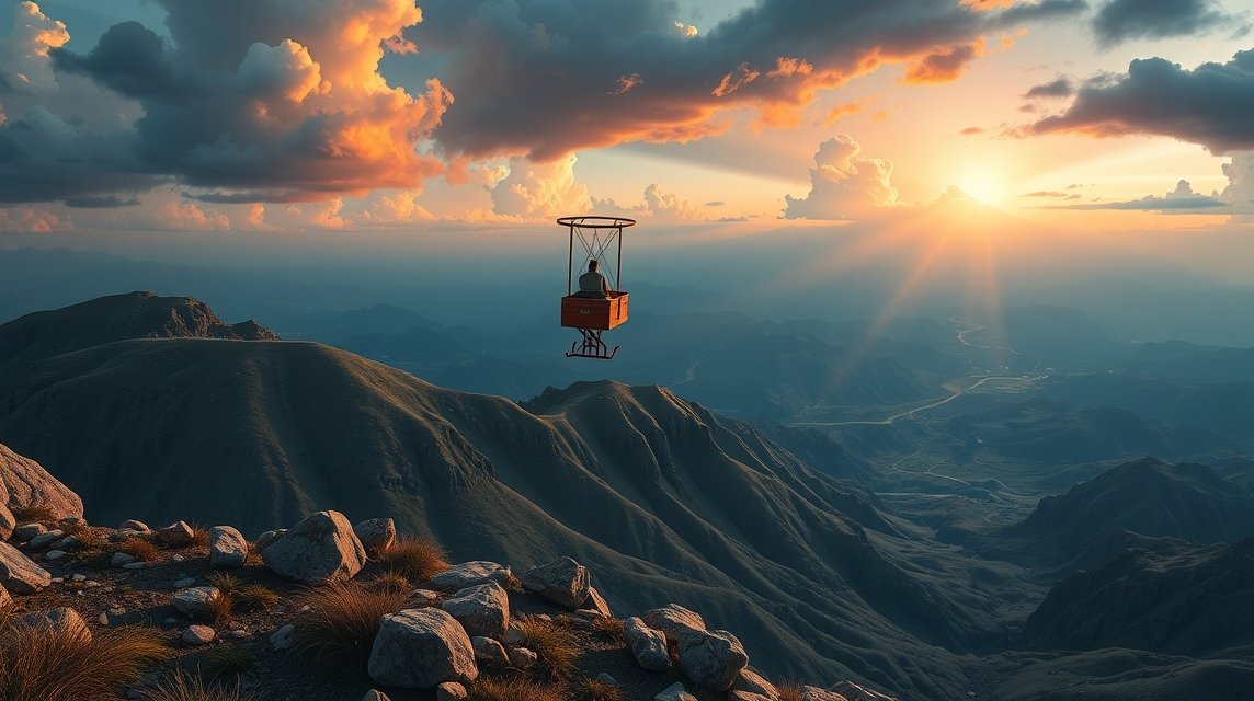 Eine Person schwebt in einer roten Gondel über majestätische Berge bei Sonnenuntergang.