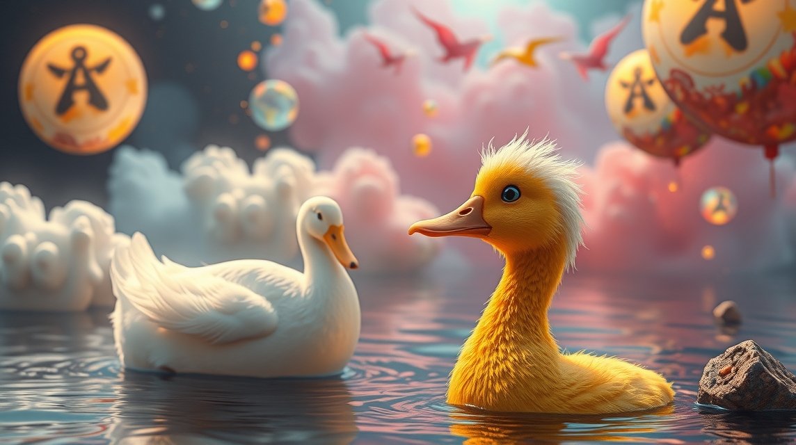 Ein gelbes Entenküken schwimmt neben einer weißen Ente in einem bunten, traumhaften Wasser.