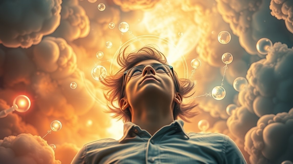 Eine Person schaut nach oben, umgeben von bunten Wolken und Blasen, die Träume symbolisieren.