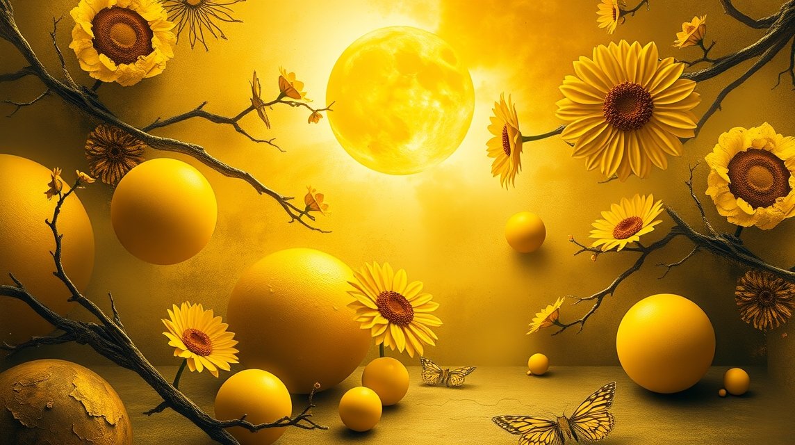 Eine traumhafte Szene mit gelben Sonnenblumen, runden gelben Objekten und einem strahlenden Sonnenlicht.