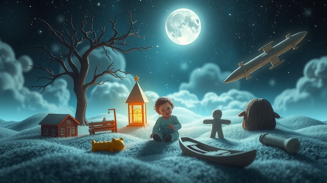 Ein Kind sitzt in einer traumhaften Landschaft mit Spielzeug und Mondlicht.