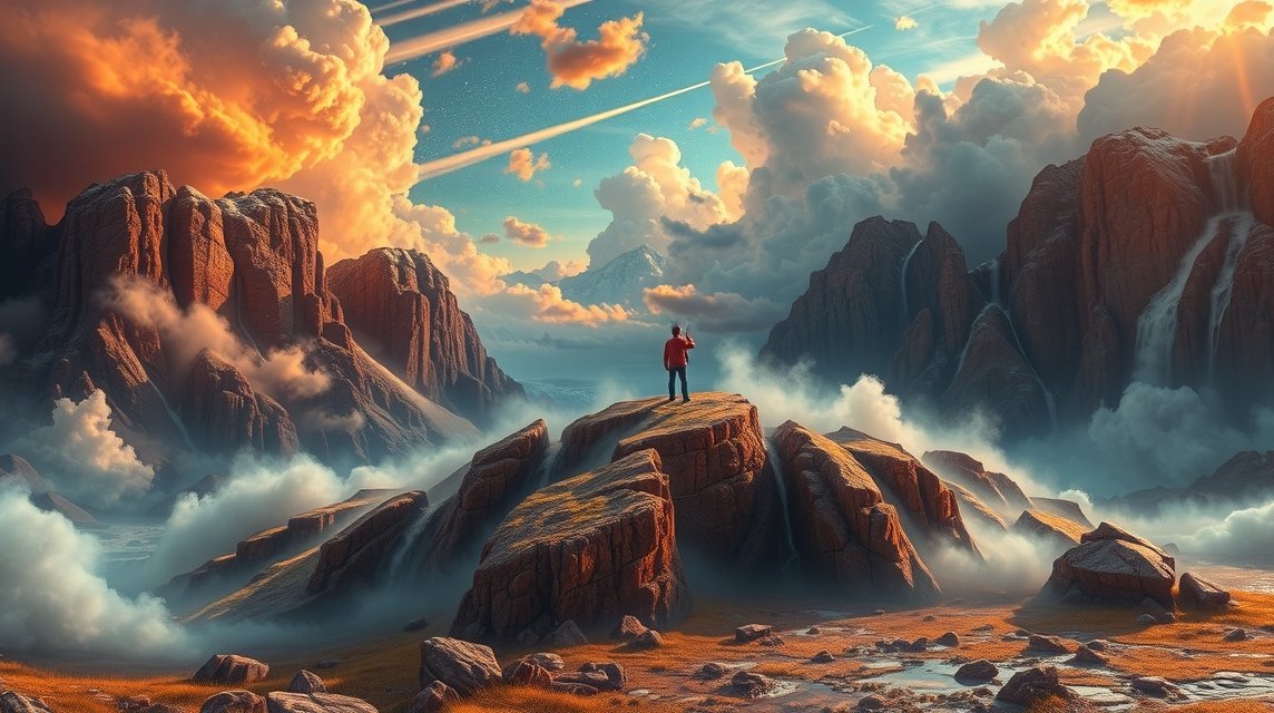 Ein Mensch steht auf einem Felsen und blickt auf eine dramatische Landschaft mit Bergen und Wolken.
