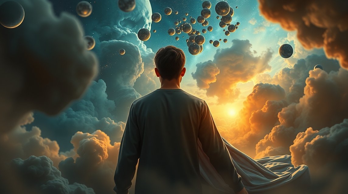 Ein Mann steht in einer traumhaften Landschaft mit Wolken und Planeten.