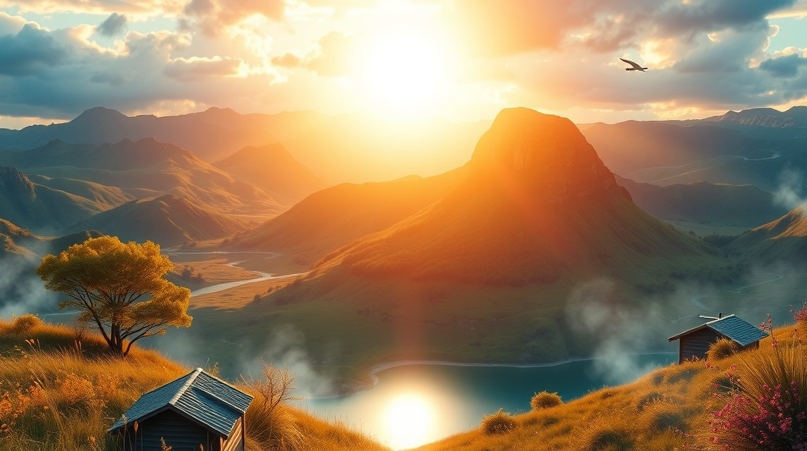 Eine malerische Landschaft mit Bergen, einem See und einer untergehenden Sonne.