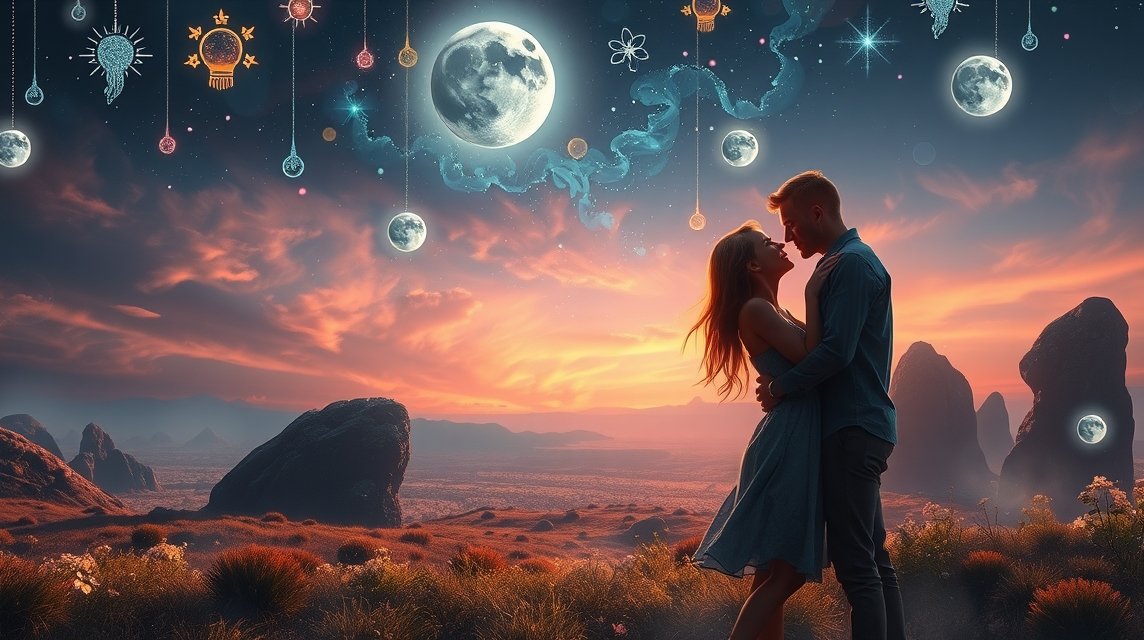 Ein Paar umarmt sich vor einer traumhaften Landschaft mit einem bunten Himmel.