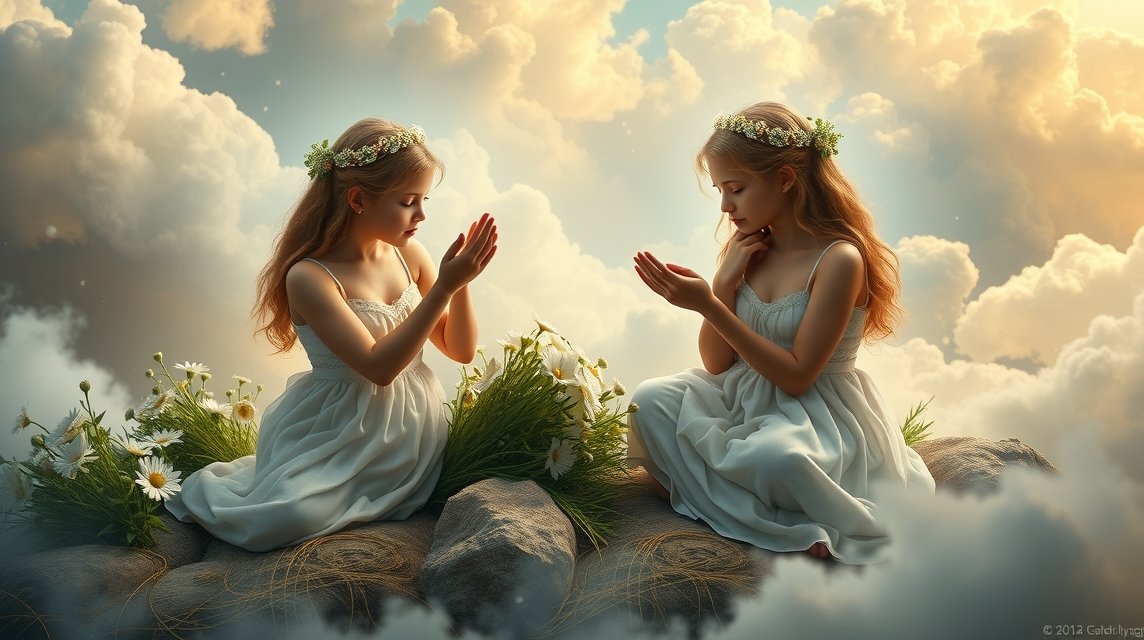 Zwei Mädchen in weißen Kleidern sitzen auf Wolken und betrachten Blumen.
