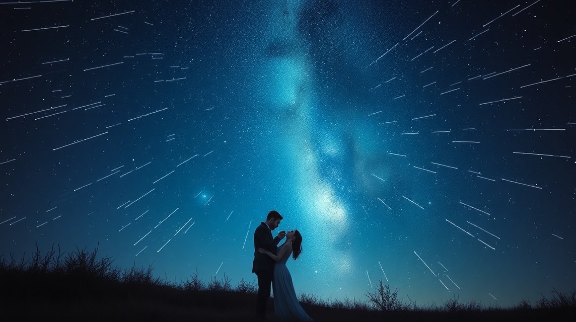 Ein Paar umarmt sich unter einem sternenklaren Nachthimmel mit Meteorströmen.
