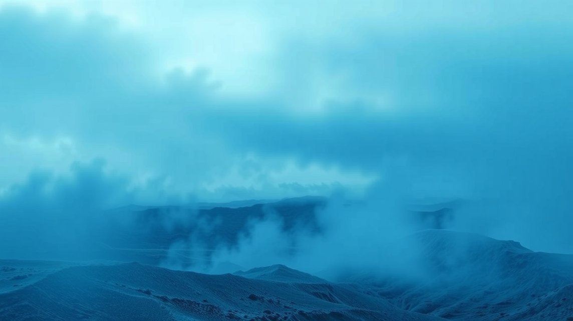 Eine neblige Landschaft in kühlen Blautönen, die geheimnisvoll wirkt.