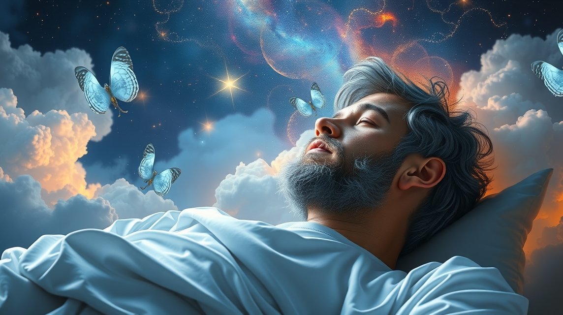 Ein schlafender Mann mit grauen Haaren, umgeben von Schmetterlingen und einem traumhaften Himmel.