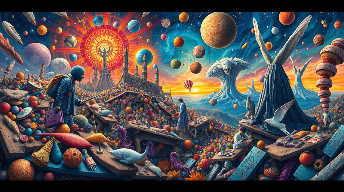 Ein surrealistisches Bild mit einem Jungen, der auf einem bunten Berg von Objekten steht, umgeben von Planeten und einer strahlenden Sonne.