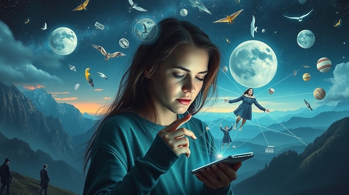 Eine nachdenkliche Frau betrachtet ihr Smartphone, umgeben von Traumsymbolen.