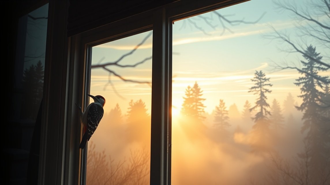 Ein Specht sitzt am Fenster und blickt auf einen nebligen Wald bei Sonnenaufgang.
