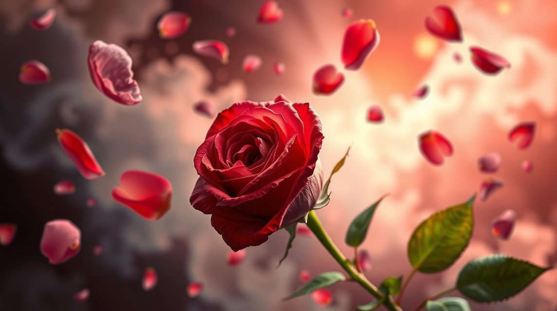 Eine rote Rose mit fallenden Blütenblättern vor einem sanften, verschwommenen Hintergrund.