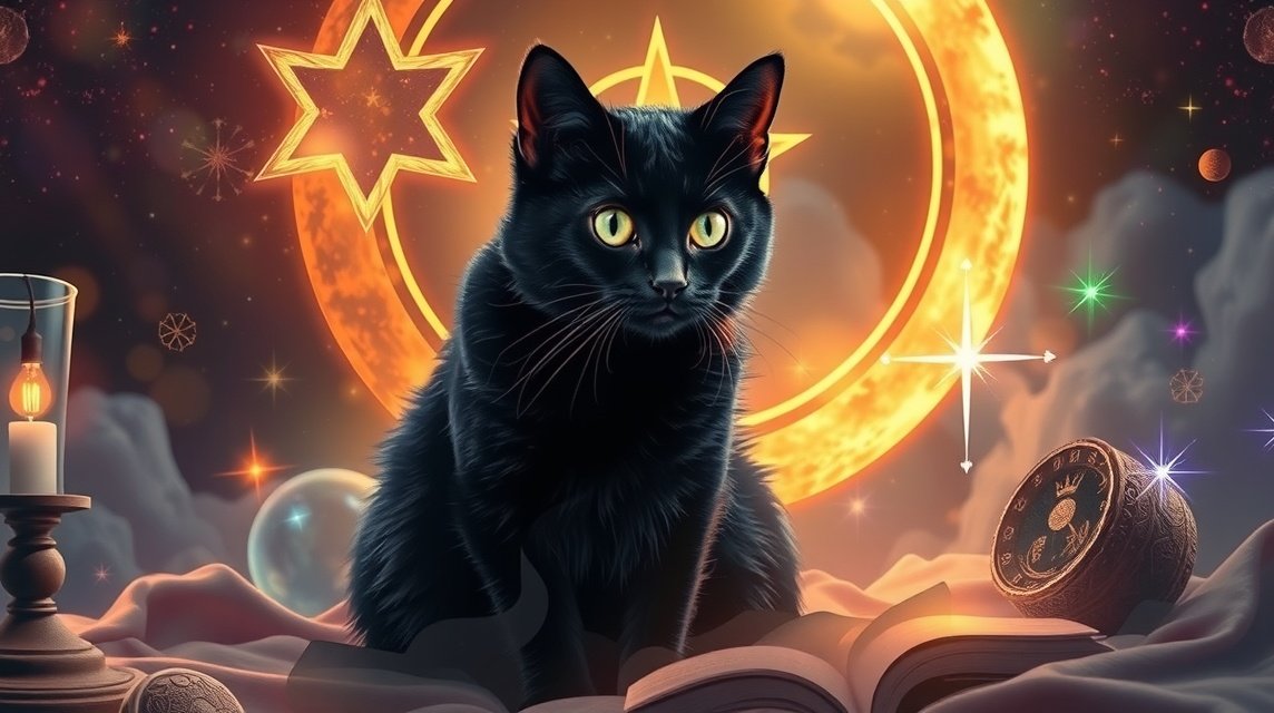 Eine schwarze Katze sitzt vor einem mystischen Hintergrund mit Sternen und Mond.