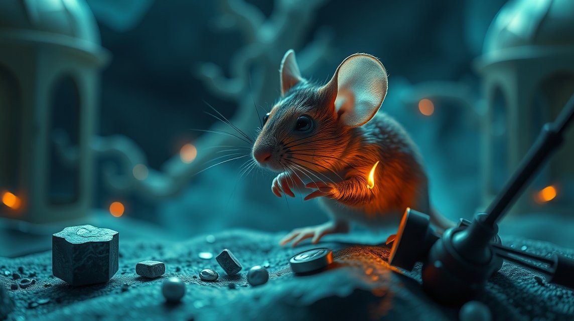 Eine kleine Maus mit großen Ohren, die in einer mystischen Umgebung steht und leuchtet.