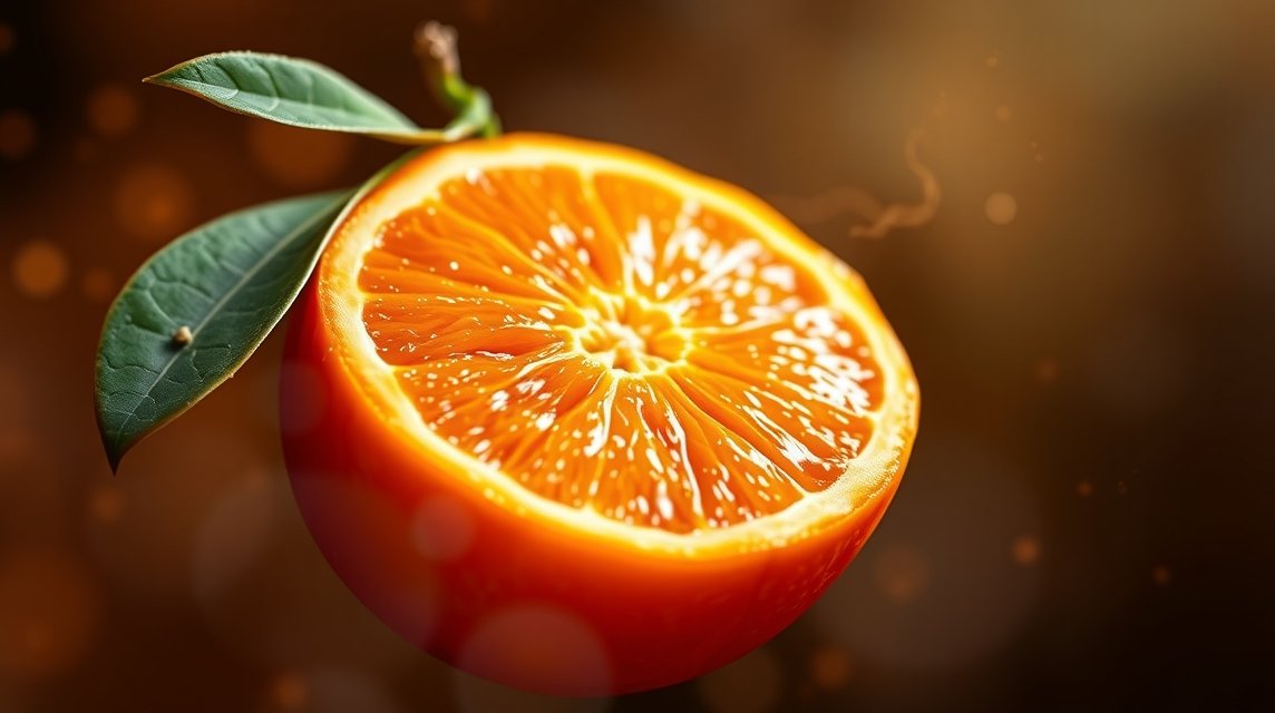 Eine halbierte Orange mit saftigen Segmenten und grünen Blättern.