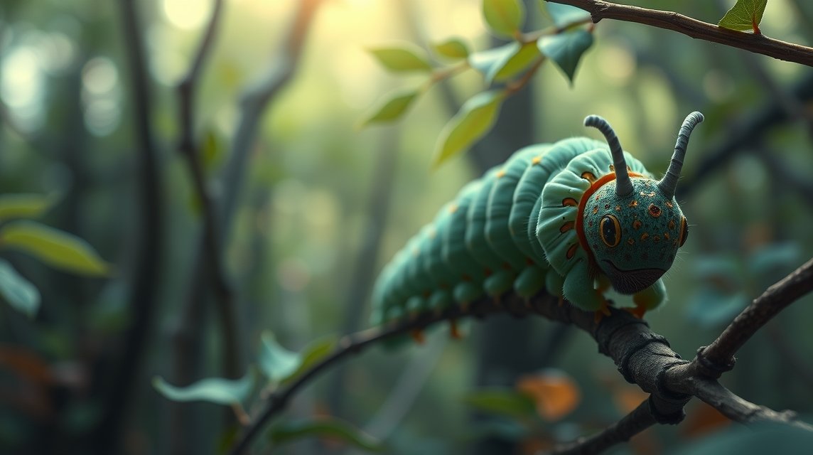 Eine grüne Raupe sitzt auf einem Ast, umgeben von verschwommenen Blättern.