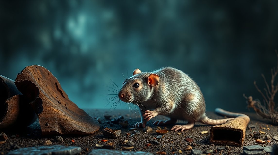 Eine neugierige Ratte erkundet eine dunkle, verwitterte Umgebung mit Holzstücken.