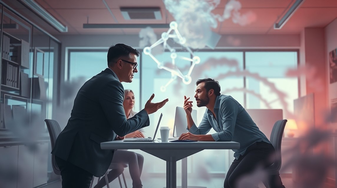 Drei Personen in einem modernen Büro diskutieren angeregt über Ideen.