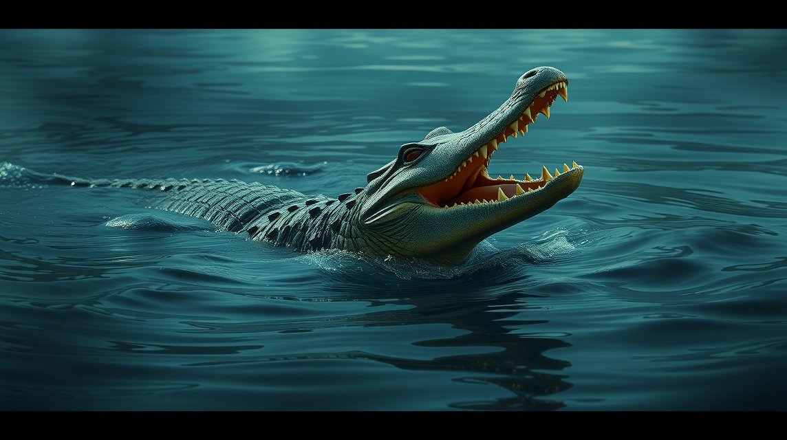 Ein Krokodil schwimmt im Wasser und zeigt seine scharfen Zähne.